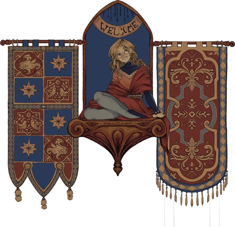 Traveller in the WELCOME alcove between two banners
